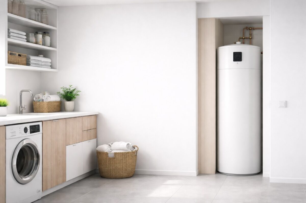 Profesjonelt installert varmtvannsbereder i moderne vaskerom
